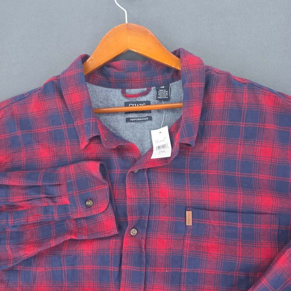 Chaps Performance Mens 4XB Red Navy Blue Plaid Button Down Shirt Long Sleeve NEW